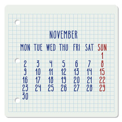 November year 2020 monthly notebook page calendar