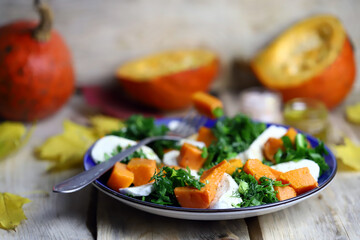 Autumn pumpkin salad with mozzarella. Healthy food. Autumn mood.