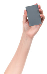 Female caucasian hands with blank business card isolated on white background. blank for designers