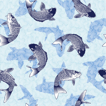 Seamless pattern of the Japanese-style carp and wave,
