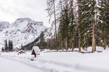 Dolomites. Lake Braies in winter. Italy