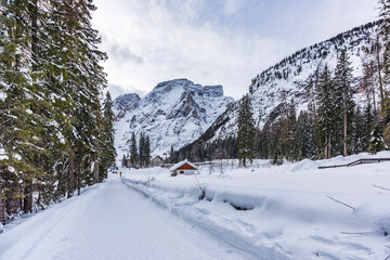 Dolomites. Lake Braies in winter. Italy