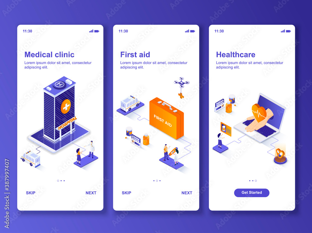 Poster medical clinic isometric gui design kit. first aid and social healthcare templates for mobile app. d