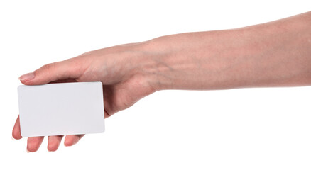 Female caucasian hands with blank business card isolated on white background. blank for designers