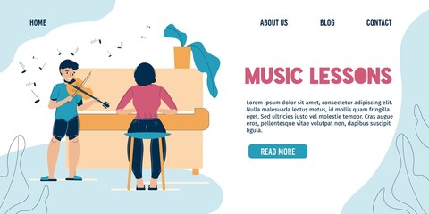 Music lesson landing page. Woman or mother teaching son child indoor. Boy playing violin, female character accompany on piano in classroom. Children hobby, creativity. Home family concert