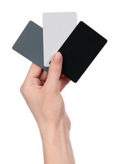 Female caucasian hands with blank business card isolated on white background. blank for designers