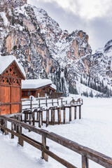 Fototapeta premium Dolomites. Lake Braies in winter. Italy
