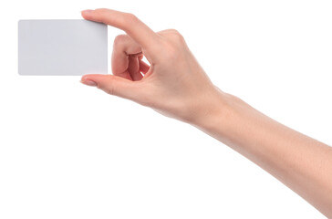 Fototapeta premium Female caucasian hands with blank business card isolated on white background. blank for designers