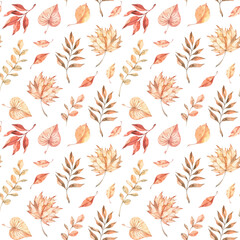 Hand drawn watercolor seamless pattern of fall leaves orange, red and green color . Forest background. Hello Autumn. Perfect for seasonal advertisement, invitations, fabric, wrapping paper, textile