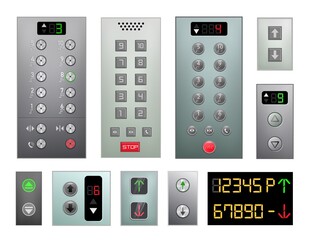 Realistic elevator metal button, digital panel and display set with stop pointer, up and down arrow, floor stage digit indicator, green and red light vector illustration isolated on white background © studioworkstock