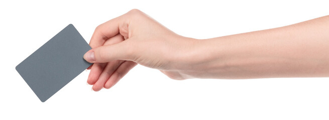 Female caucasian hands with blank business card isolated on white background. blank for designers