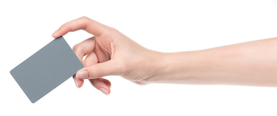 Female caucasian hands with blank business card isolated on white background. blank for designers