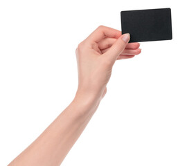 Female caucasian hands with blank business card isolated on white background. blank for designers