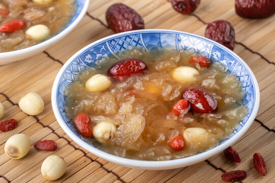 Close up of sweet snow white fungus soup with lotus seed, Chinese red dates and wolfberry.