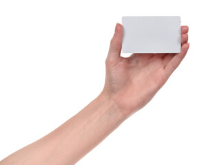 Female caucasian hands with blank business card isolated on white background. blank for designers