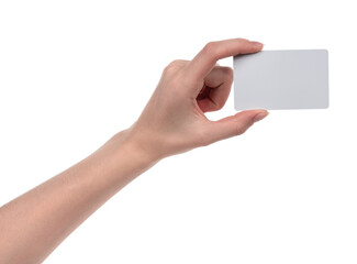 Fototapeta premium Female caucasian hands with blank business card isolated on white background. blank for designers