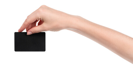 Obraz premium Female caucasian hands with blank business card isolated on white background. blank for designers