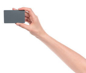 Female caucasian hands with blank business card isolated on white background. blank for designers