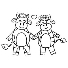 Coloring page with loving bull and cow