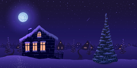 Vector illustration. House in snowy village with pine trees at starry night