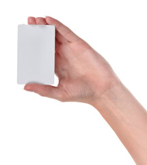 Female caucasian hands with blank business card isolated on white background. blank for designers