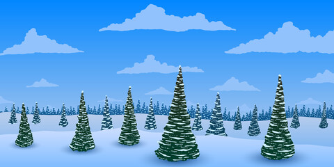 Panorama. Winter landscape. Fir trees forest in the snow.
