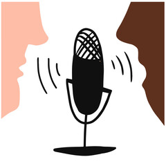 Blogger podcaster streaming.Podcast radio icon. Studio microphone table broadcast podcast text. Interview, podcast, Live streaming,