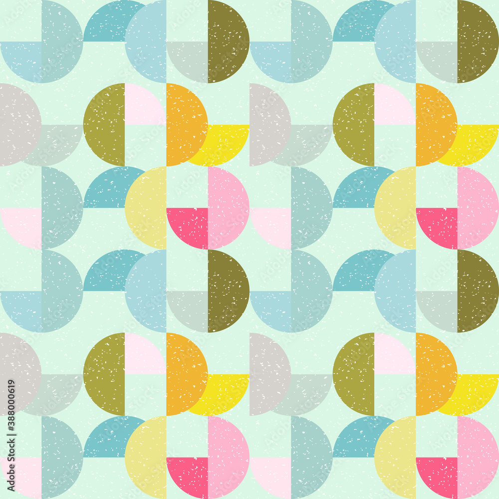 Aufkleber Modern vector abstract seamless geometric pattern with semicircles and circles in retro scandinavian style. Pastel colored colorful shapes with worn out texture .