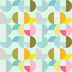 Modern vector abstract seamless geometric pattern with semicircles and circles in retro scandinavian style. Pastel colored colorful shapes with worn out texture .