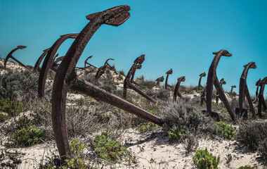 Anchor's cementary on the beach at Praia Do Barril in Santa Luzia, Algarve, Portugal. Old rusty marine anchors in dunes with blue sky.