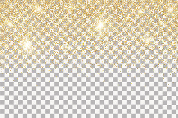 Sparkling falling gold dust.on transparent background. Vector horizontal background with glitter and space for text.