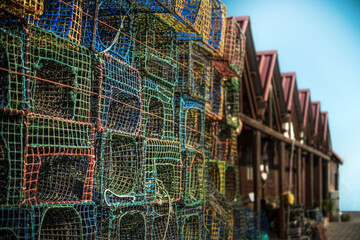 TRADITIONAL OCTOPUS WOODEN  FISHERMAN HOUSE WITH NETWORKS AND FISHING UTENSILS, IN SANTA LUZIA,...
