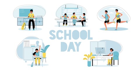 Children schedule. Primary elementary school day. Pupil writing answering at lesson in classroom, eating at canteen with classmates, playing football at school-yard, doing homework. Isolated scene set