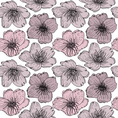 Anemone flowers,vector seamless pattern. Hand drawn floral background in retro pastel colores.