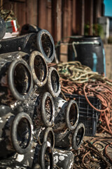 TRADITIONAL OCTOPUS WOODEN  FISHERMAN HOUSE WITH NETWORKS AND FISHING UTENSILS, IN SANTA LUZIA, PORTUGAL