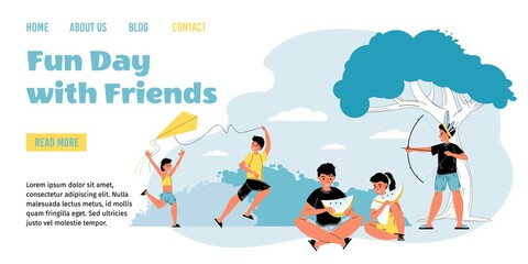 Happy sunny summer day in park pastime. Children friend spending time together. Sport activity outdoor. Girl boy kid play game, have snack, fly kite. Friendship. Nature recreation. Landing page