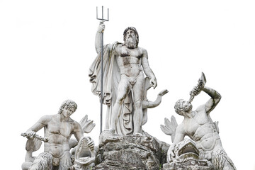 Statue of Neptune fountain at Piazza del Popolo isolated at white background, Rome, Italy.