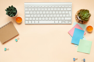 office desk background with smartphone with blank screen mockup, laptop computer, cup of coffee and supplies. Top view with copy space, flat lay