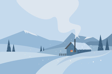 Winter background with mountains, pine trees and a house