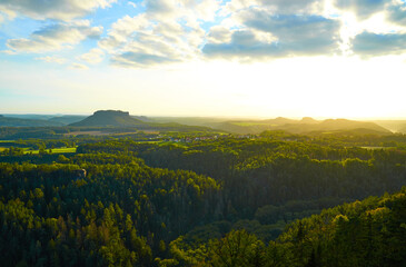 Saxon Switzerland. View at sunset from area "Brand" to landmark "Lilienstein".