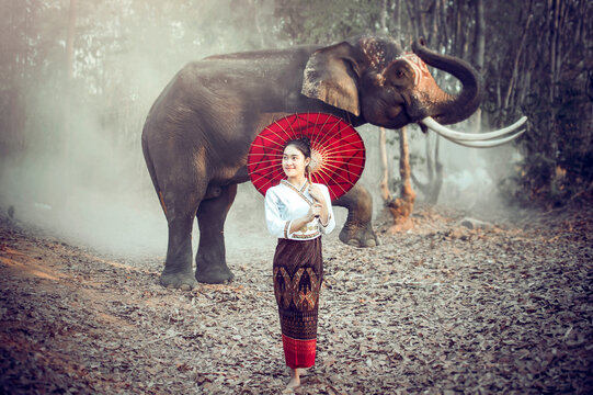 Young woman in traditional Thai dress Standing for a photo with Thai elephants.