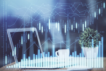 Multi exposure of forex chart and work space with computer. Concept of international online trading.