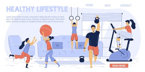Parent children exercising at home. Father training body using dumbbell, mother doing cardio, kid performing acrobatic workout. Healthy fitness family lifestyle landing page layout design