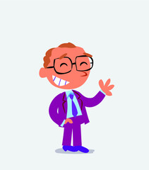 cartoon character of businessman waving informally while laughing.