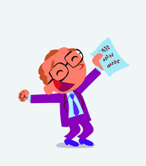 euphoric cartoon character of businessman raises his arms with document in hand