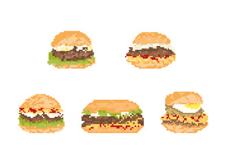 Set of hamburger in pixel art. 8 bit art vector illustration.