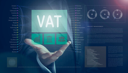 Businessman outreached hand holding a VAT business concept on a computerised screen display.