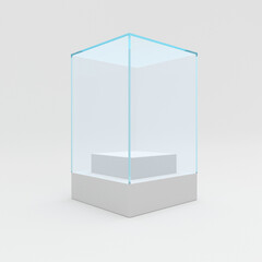 Glass showcase. Empty glass box with white podium for product isolated on white. 3d rendering exhibition and presentation.