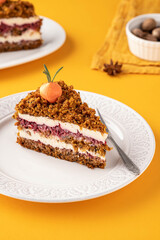 Traditional homemade carrot cake and cream carrots. Copy space.