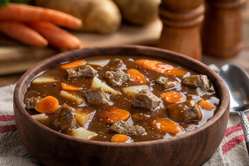 Vegetable Beef Soup in a Wooden Bowl